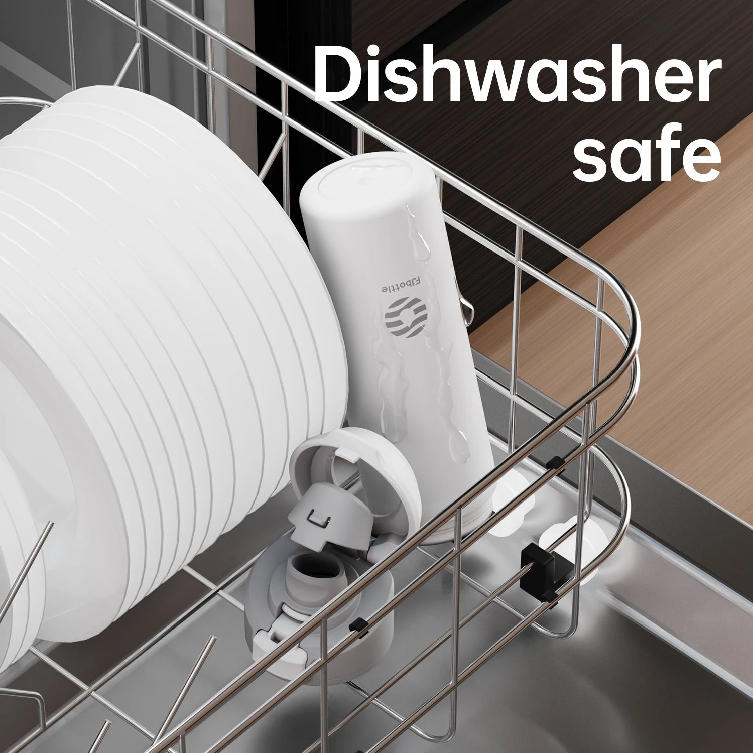 Thermos FEIJIAN 710/950ml –  Inox avec support téléphone. inox blanc posé dans panier de lave-vaisselle avec bouchon séparé