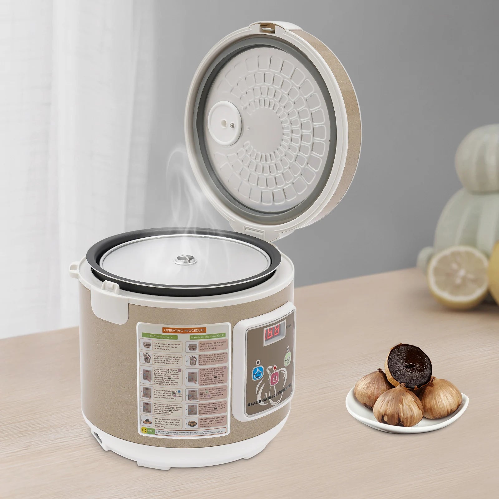 Fermenteur Ail Noir 5L Ustensile de chef beige avec ail noir et vapeur visible