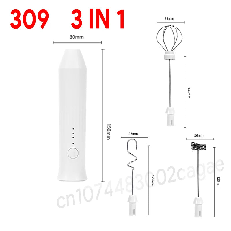 Fouet Électrique Rechargeable USB blanc avec trois accessoires pour mélange et fouettage