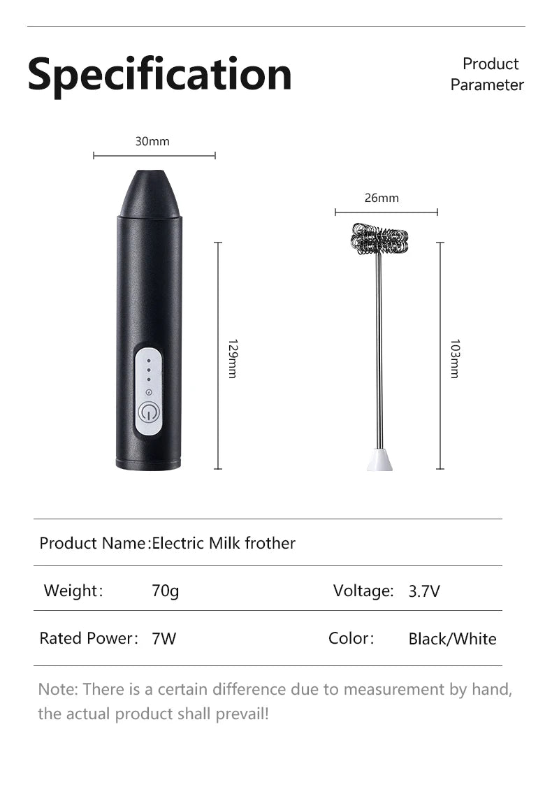 Fouet Électrique Rechargeable USB noir et blanc compact avec moteur intégré pour fouetter le lait