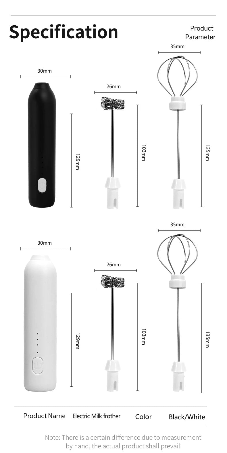 Fouet Électrique Rechargeable USB avec corps noir et blanc et différentes têtes de mélange