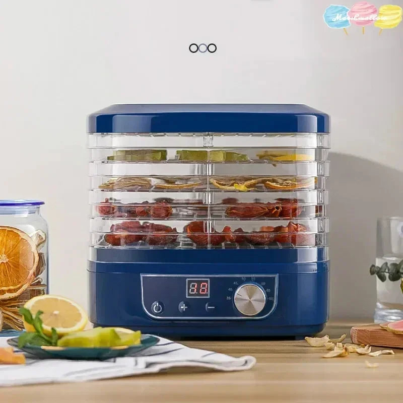 Déshydrateur Alimentaire 5 Niveaux avec fruits séchés et PDF 10 Recettes Offertes sur une table de cuisine