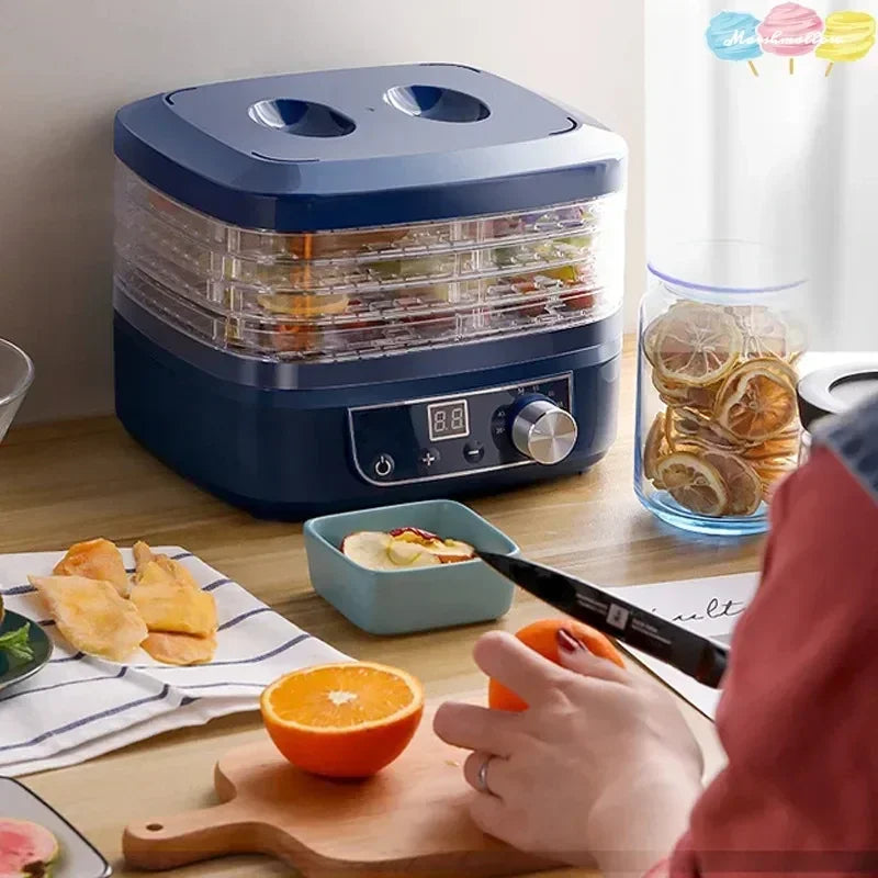 Déshydrateur Alimentaire 5 Niveaux PDF 10 Recettes Offertes sur un plan de cuisine avec des fruits et snacks