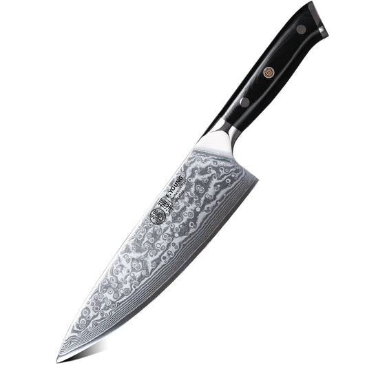 Couteau de Chef Japonais F.YOUNG avec lame en acier damassé et manche ergonomique noir