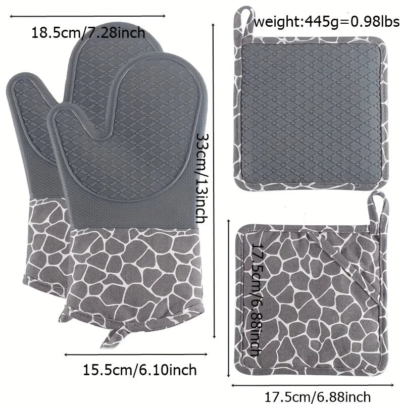 Gant de Cuisine Résistant Chaleur – Coton et Silicone gris avec motif pierre, paire de gants et maniques