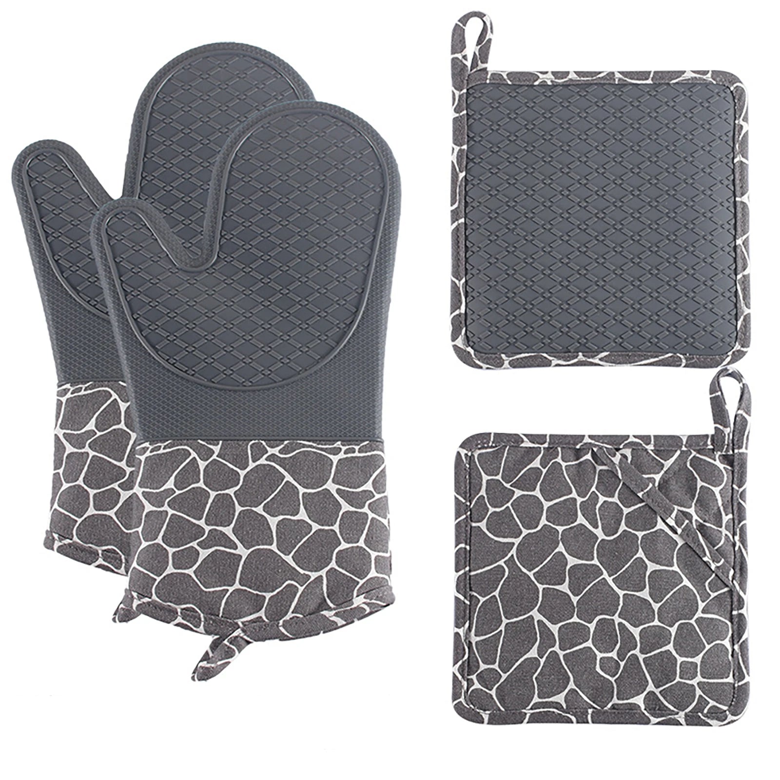 Gant de Cuisine Résistant Chaleur – Coton et Silicone avec motif gris et noir assorti à deux maniques
