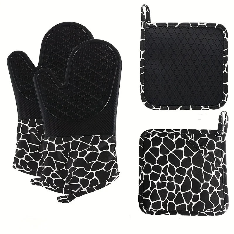 Gant de Cuisine Résistant Chaleur – Coton et Silicone noir avec motif animal et maniques assorties