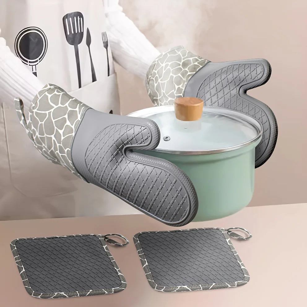 Gant de Cuisine Résistant Chaleur – Coton et Silicone gris avec motifs, utilisé pour saisir une casserole