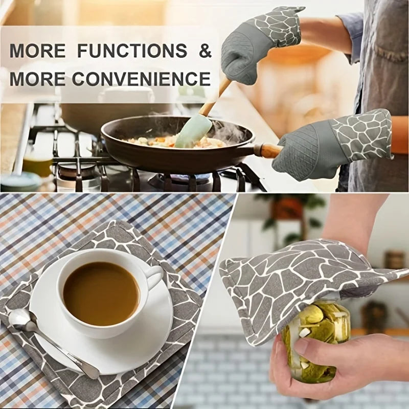 Gant de Cuisine Résistant Chaleur – Coton et Silicone gris avec motifs utilisé pour cuisiner, servir et ouvrir un bocal
