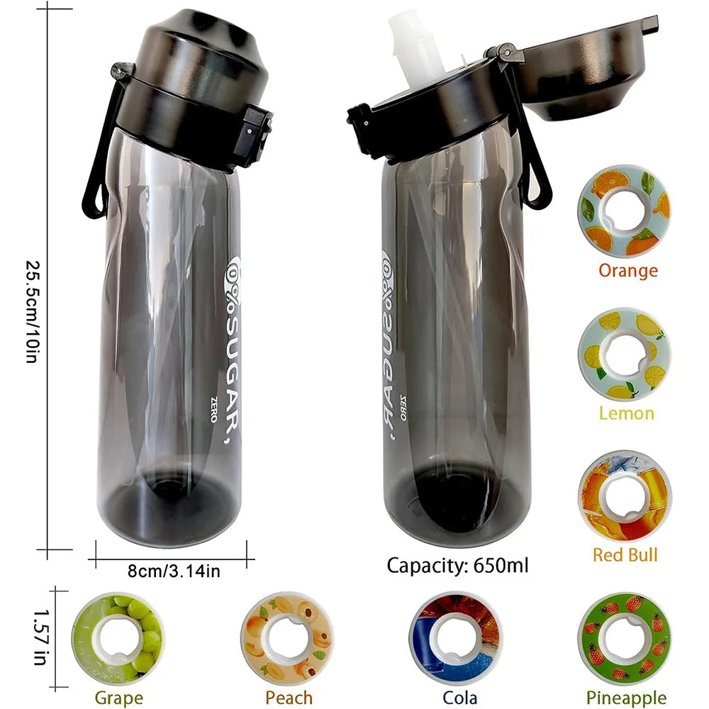 Gourde Air Up 650ml – Eau Sans Sucre, Saveurs Naturelles Incluses, bouteille transparente avec bouchon noir et différentes capsules de saveurs