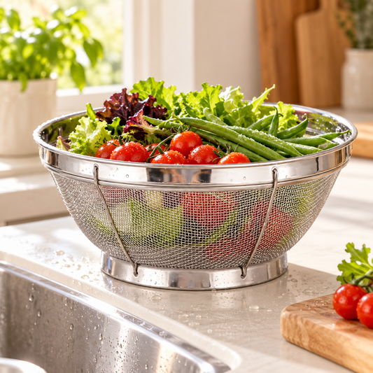 Grande passoire inox à maille fine 31 cm – Grand format surélevé avec légumes frais dans une cuisine moderne