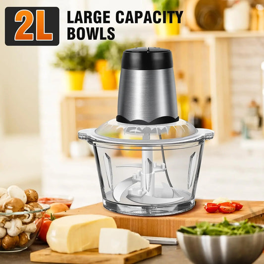 Hachoir Électrique 2 L en Verre avec un grand bol en cuisine, parfait pour hacher légumes et viande