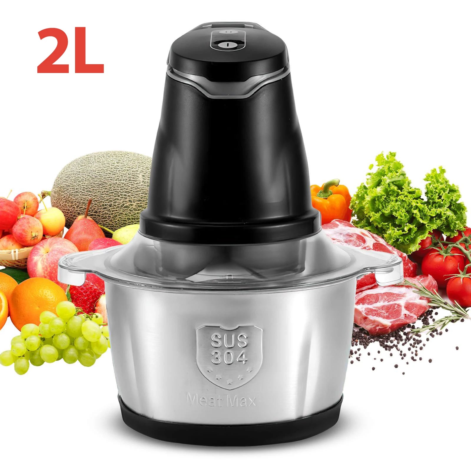 Hachoir Électrique Inox 2L – 400W, 4 Lames, 2 Vitesses avec bol en inox et design moderne