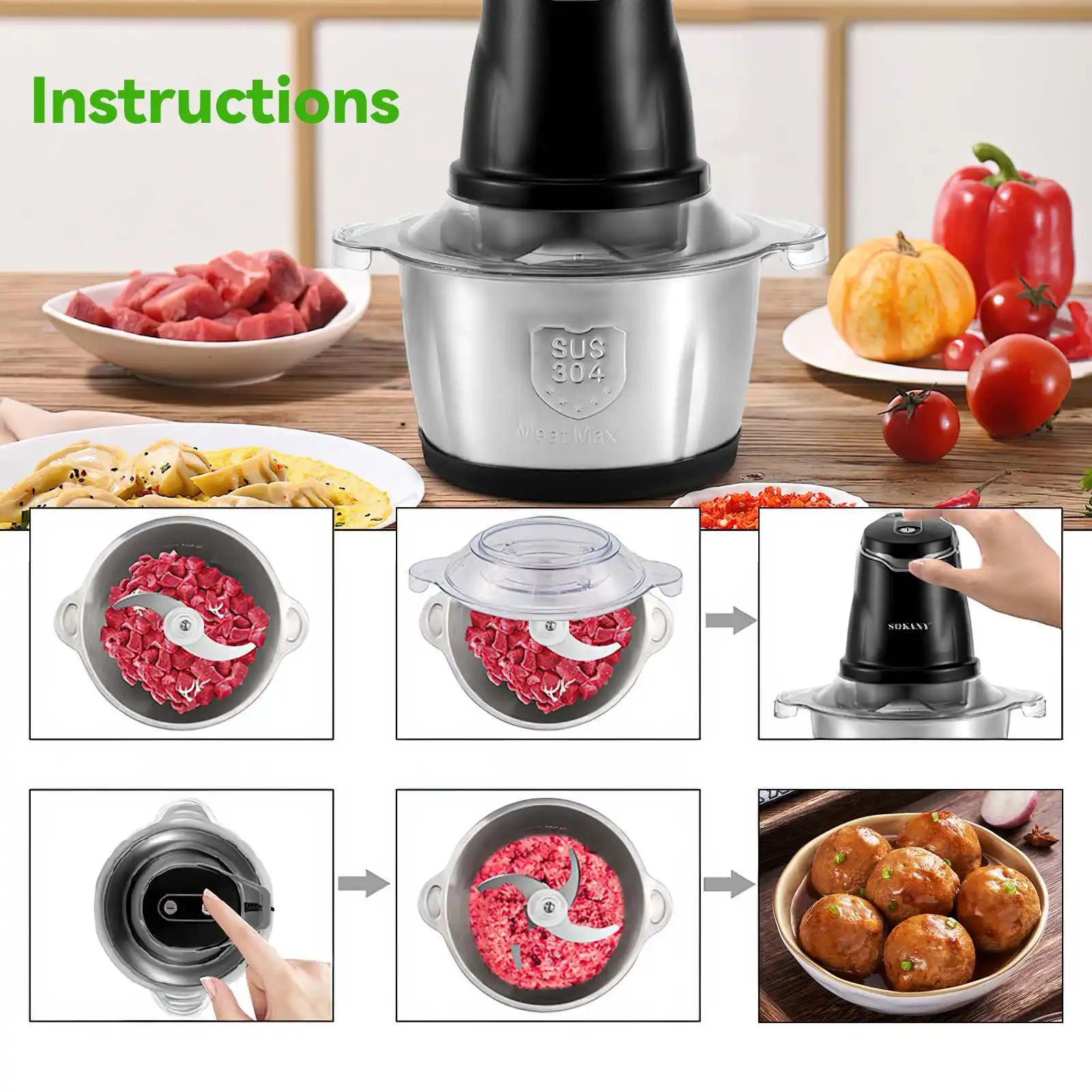 Hachoir Électrique Inox 2L – 400W, 4 Lames, 2 Vitesses pour hacher viandes et légumes rapidement