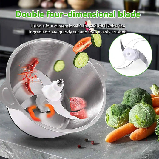 Hachoir Électrique Inox 2L – 400W, 4 Lames, 2 Vitesses avec lames coupant rapidement les ingrédients