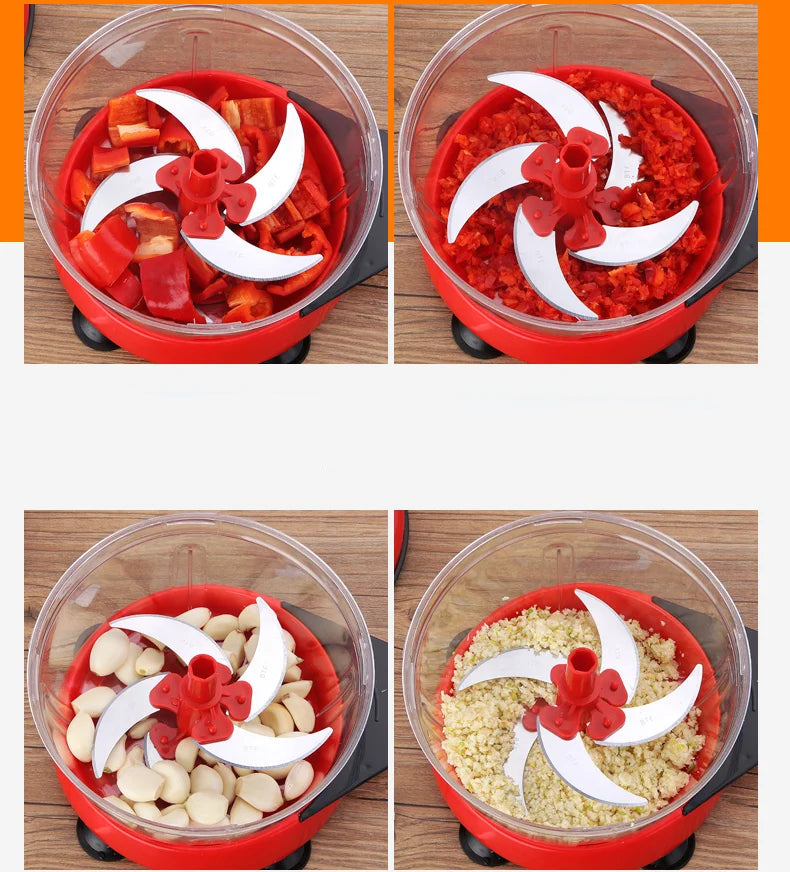 Hachoir Mélangeur Manuel – 1.5L, 2.5L, 3L montrant hachage de légumes et noix dans bol rouge transparent