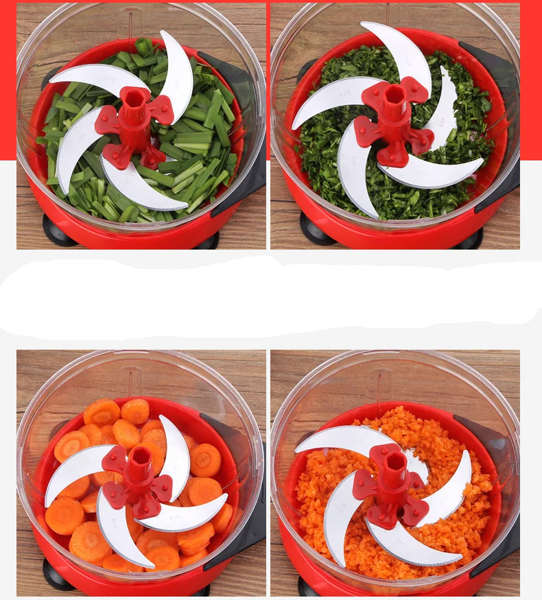 Hachoir Mélangeur Manuel – 1.5L, 2.5L, 3L en action avec des légumes verts et des carottes coupés