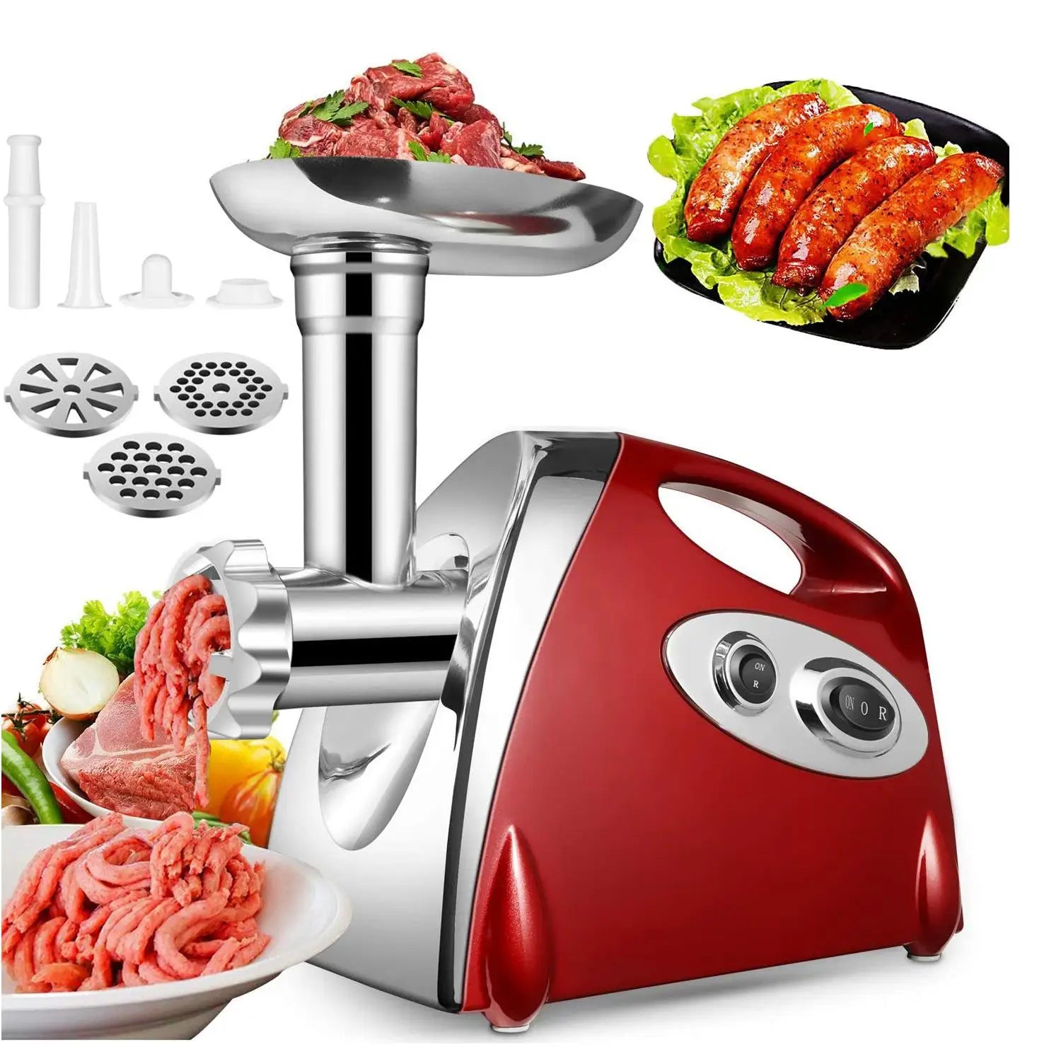 Hachoir Viande Électrique Inox 2800W – Pro & Multifonction de couleur rouge avec accessoires et viande fraîche
