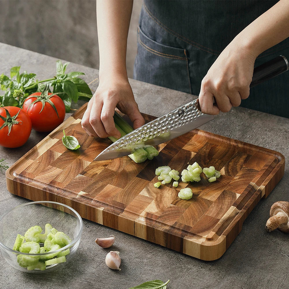 Planche à Découper HEZHEN End Grain en bois avec découpe de légumes frais par Ustensile de chef