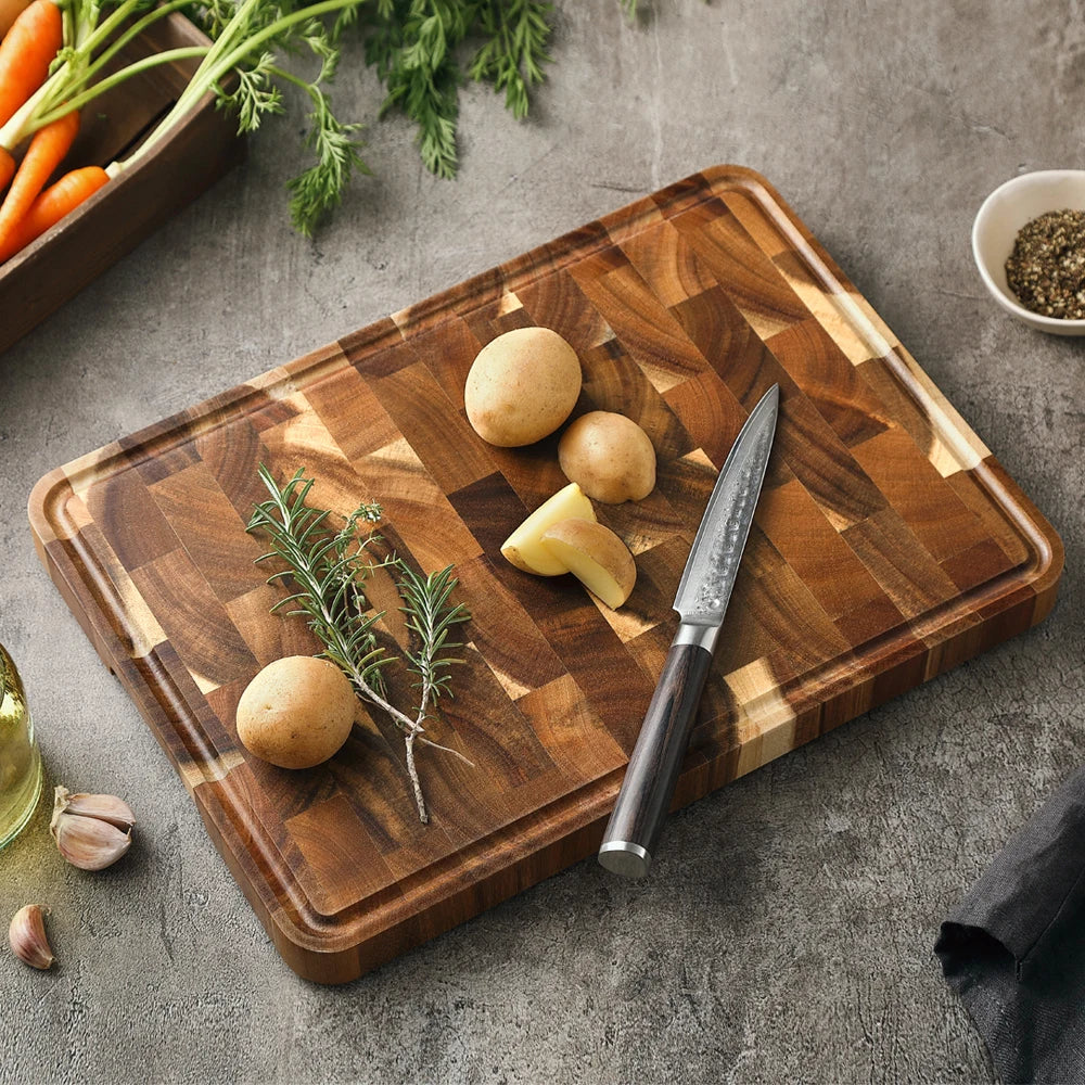 Planche à Découper HEZHEN End Grain en bois avec couteau et légumes sur surface de cuisine