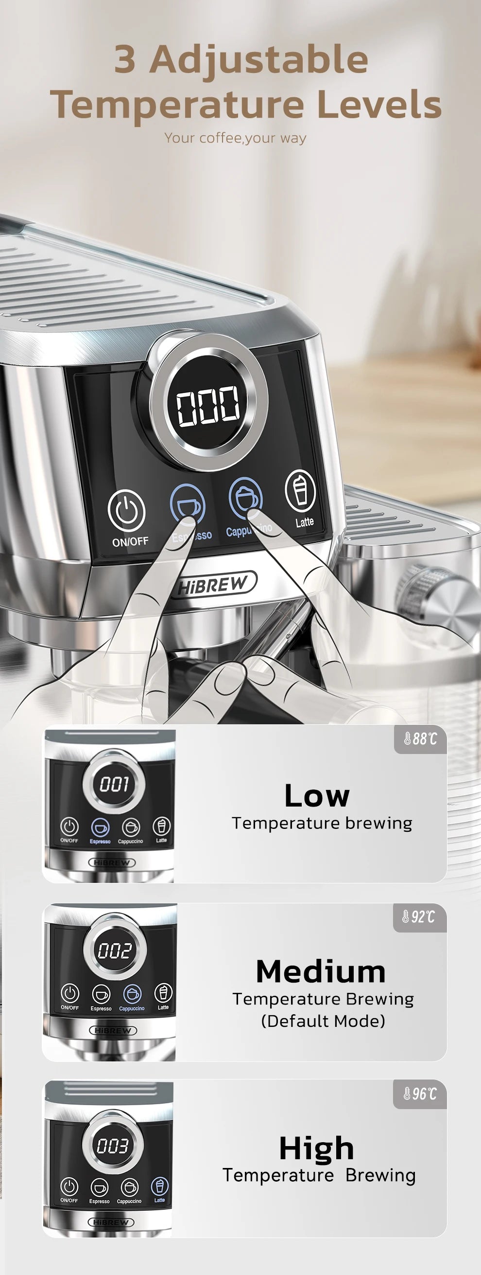 Machine à café expresso Ustensile de chef avec écran digital et 3 niveaux de température ajustables