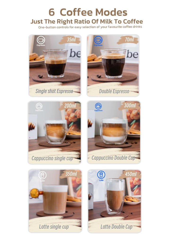 Différents types de cafés préparés avec machine à café expresso montrant espresso, cappuccino et latte