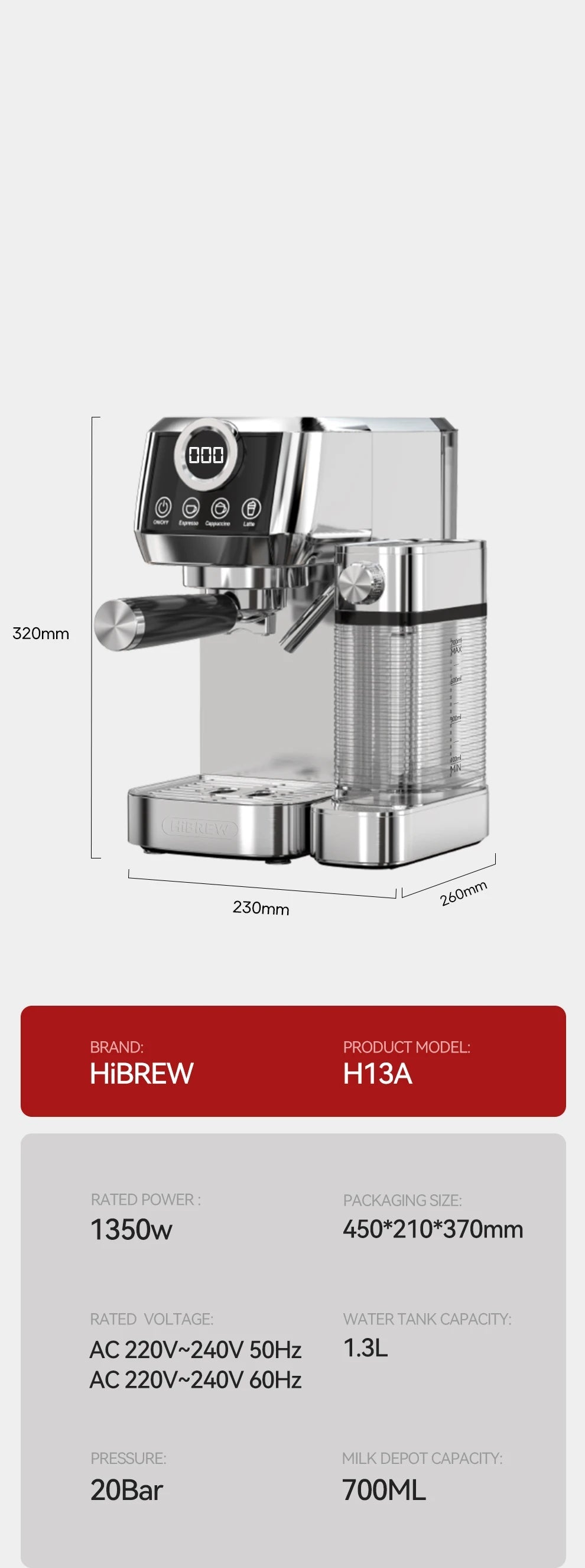 Machine à café expresso HBREW H13A en inox avec écran numérique et réservoir transparent de 1,3 litre