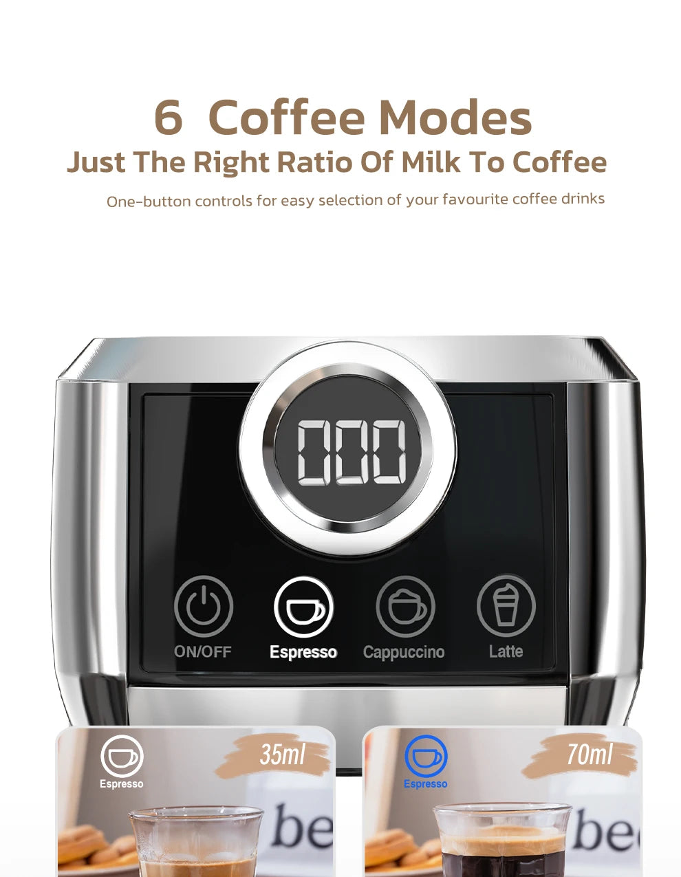 Machine à café expresso Ustensile de chef avec écran numérique et six modes de café dont espresso cappuccino et latte