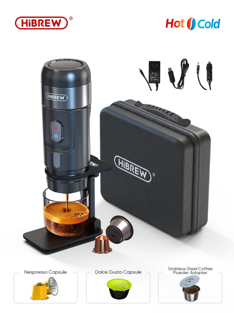 Machine à Expresso HiBREW Portable noire avec étui de transport et accessoires pour capsules Nespresso et Dolce Gusto