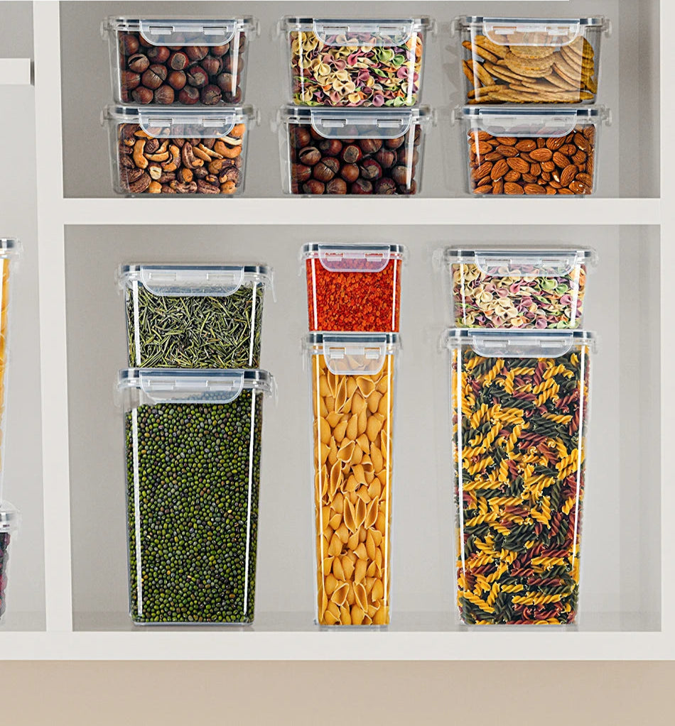 Set Boîtes Conservation HUTHIM 16 pcs + Stylo & Étiquettes boîtes transparentes hermétiques sur étagère avec pâtes, noix