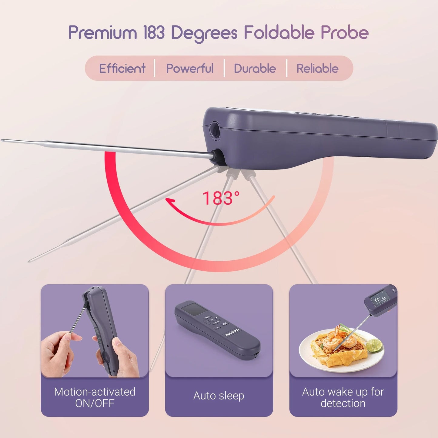 Thermomètre infrarouge 3-en-1 avec sonde pliable à 183 degrés pour une utilisation efficace en cuisine