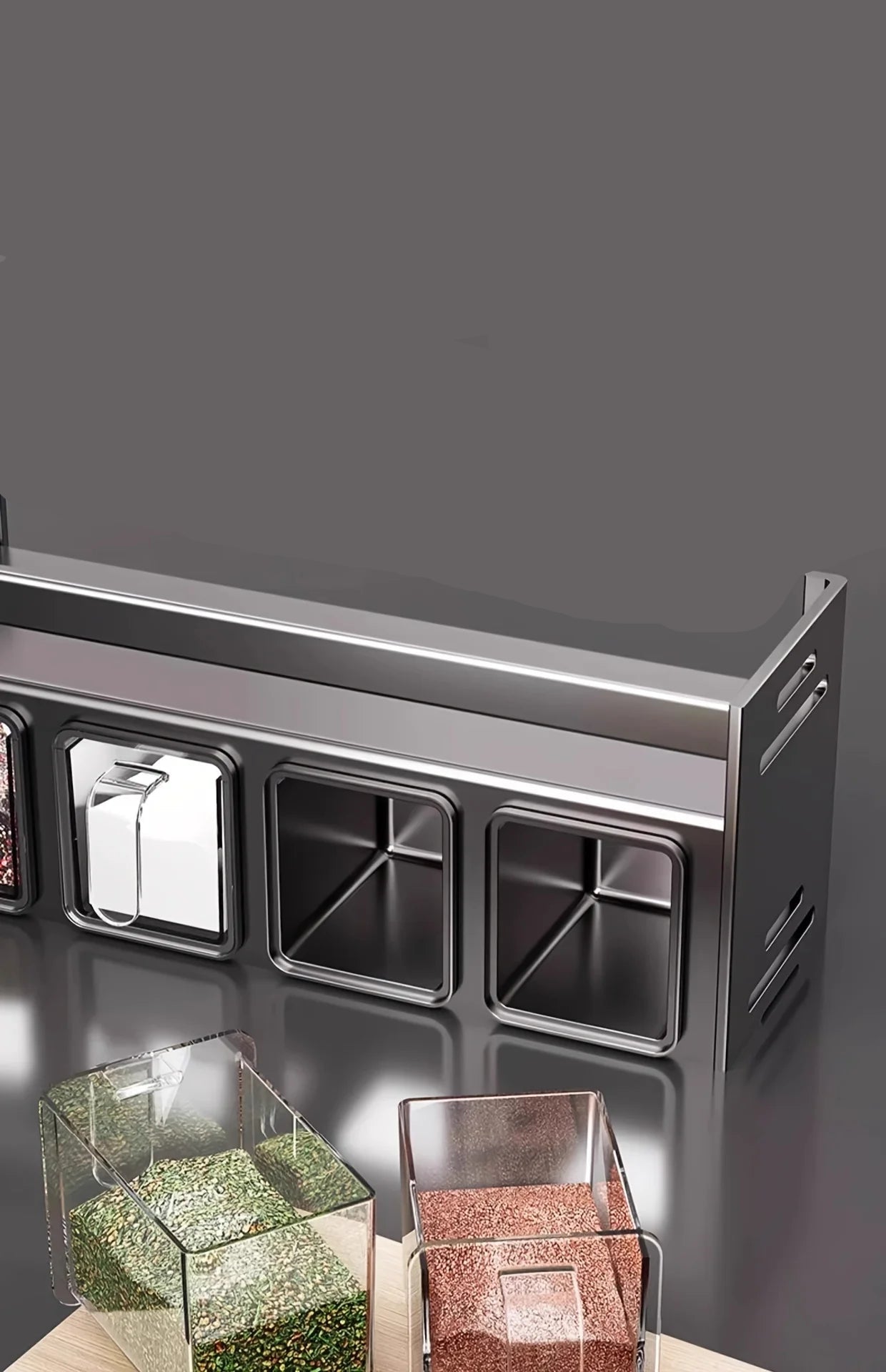 Étagère à épices murale alu – Rangement malin sans perçage. Support alu compact avec 4 boîtes inox et couvercles transparents