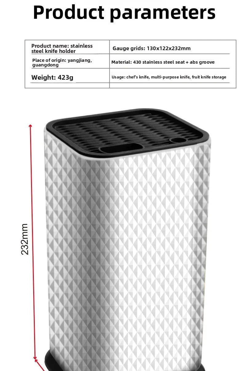 Porte-couteaux inox design – Rangement ustensiles compact en acier 430 texturé motif losange avec dessus noir à fentes