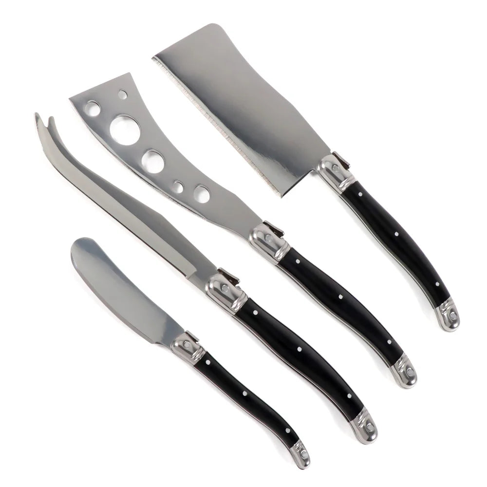 Set Couteaux à Fromage Laguiole Jaswehome – 4 pièces Inox Manche Noir ABS avec lames brillantes et poignées élégantes