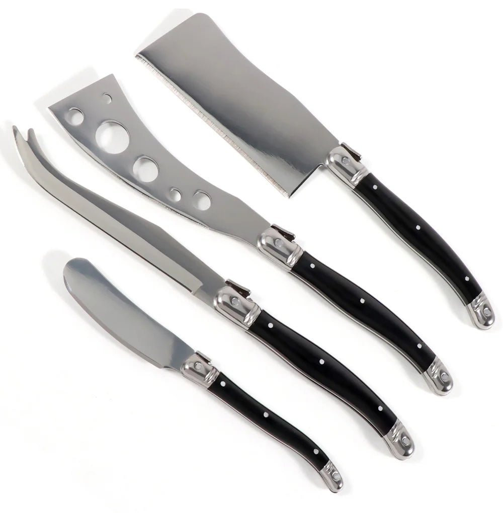 Set Couteaux à Fromage Laguiole Jaswehome – 4 pièces Inox Manche Noir ABS avec lames brillantes et poignées ergonomiques