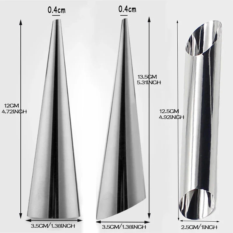 Kit 5 Moules Spirale Inox – Croissants et Cornets Pâtisserie en acier inoxydable avec dimensions indiquées