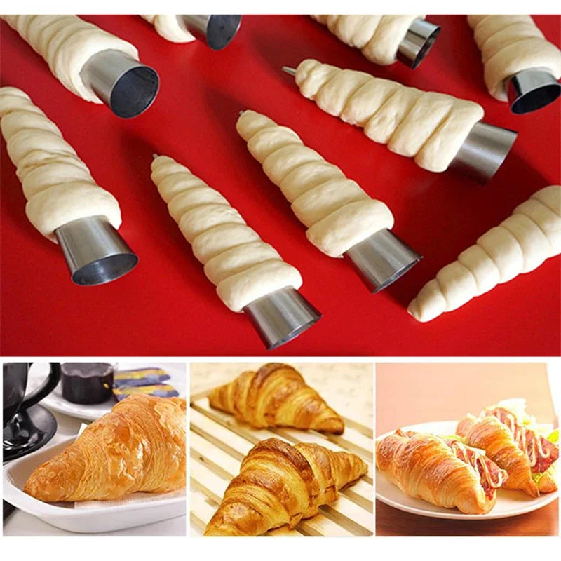 Kit 5 Moules Spirale Inox – Croissants & Cornets Pâtisserie avec pâte enroulée et croissants dorés sur fond rouge