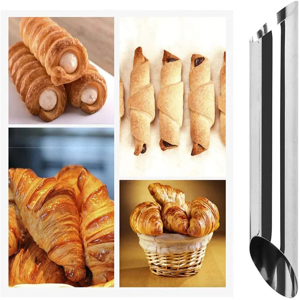 Kit 5 Moules Spirale Inox – Croissants et Cornets pâtisserie avec photos de croissants dorés et cornets remplis de crème