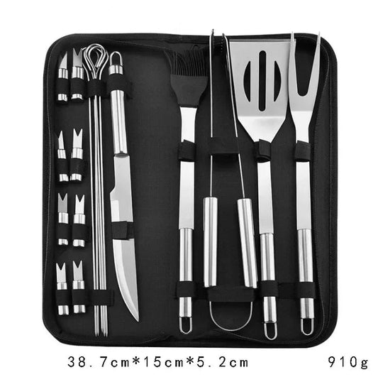 Kit d'Outils de Barbecue en Acier Inoxydable avec couteau, spatule, pince et fourchette dans un étui noir
