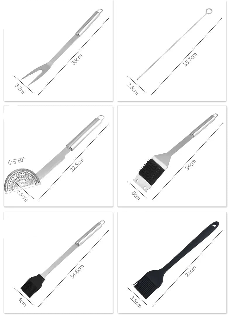 Kit d'Outils de Barbecue en Acier Inoxydable comprenant fourchette, pince, brosse, spatule et pinceau de nettoyage