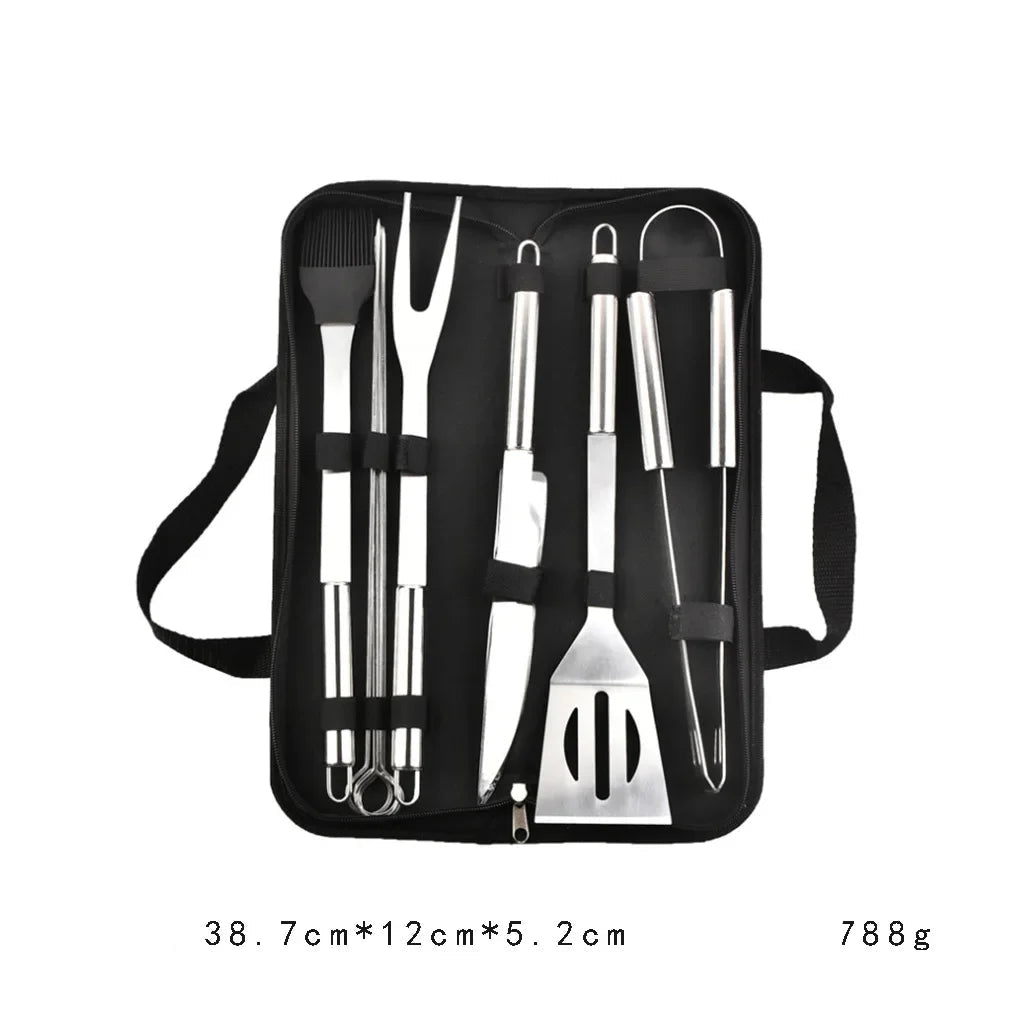 Kit d'Outils de Barbecue en Acier Inoxydable avec pince, spatule, pinceau et fourchette dans un étui noir