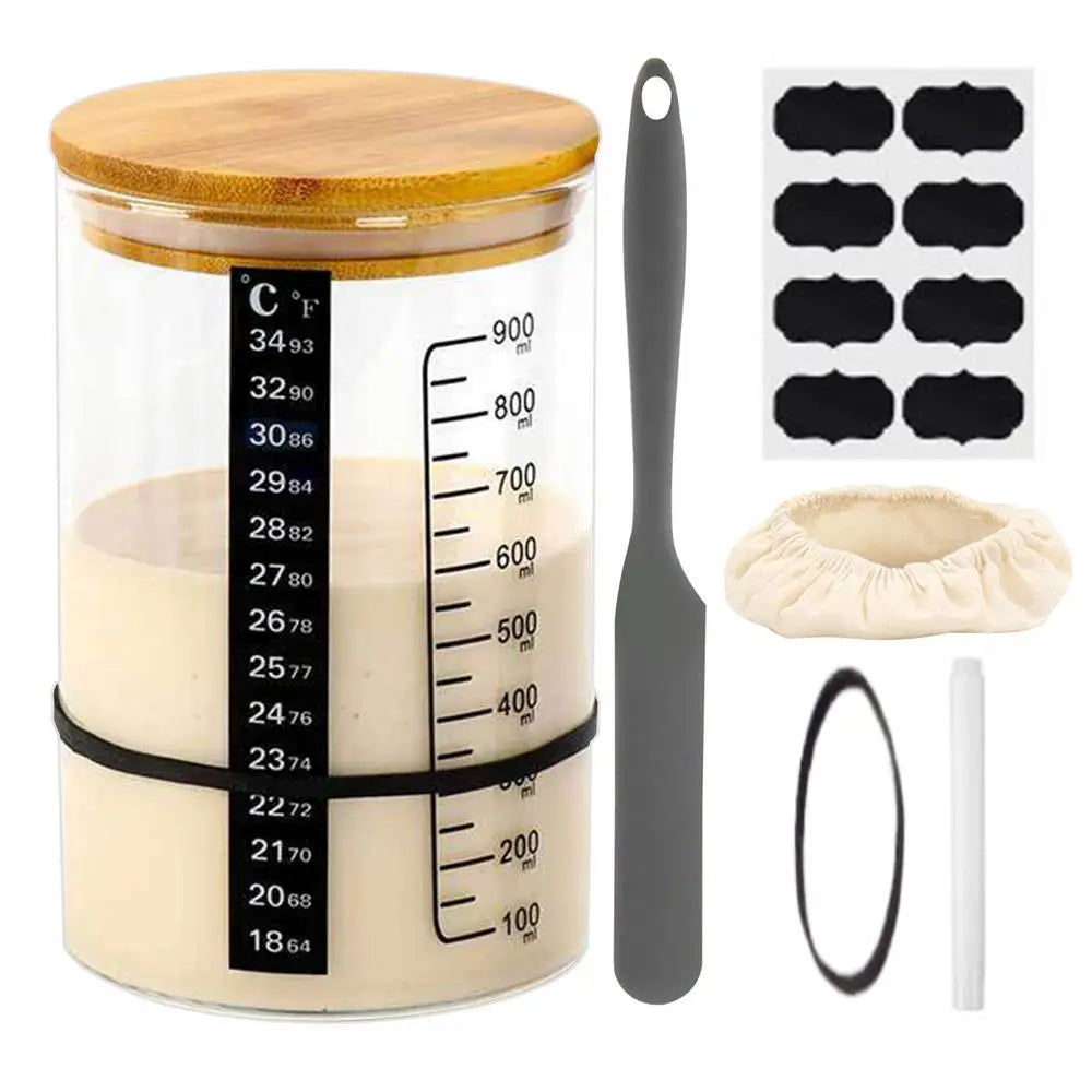 Kit Fermentation Maison – Pot Levain avec pot gradué en verre, couvercle en bois, spatule et accessoires