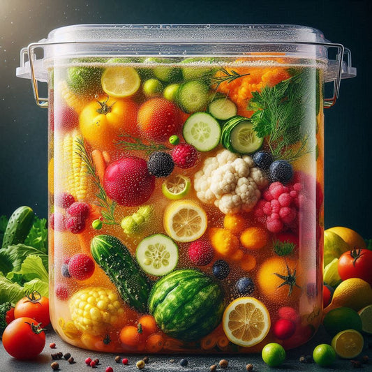 Kit Fermentation Maison – Pot Levain transparent rempli de légumes et fruits colorés en fermentation