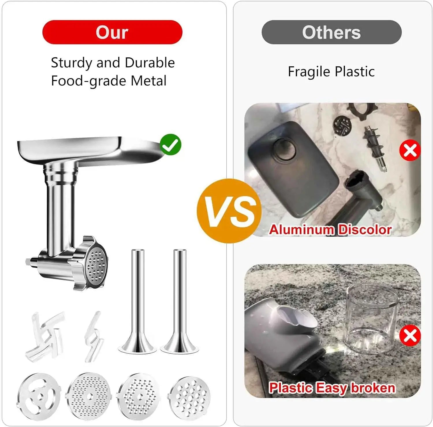 Accessoire Hachoir Métal KitchenAid – Viande, Légumes, Fromage avec métal solide et durable comparé au plastique fragile