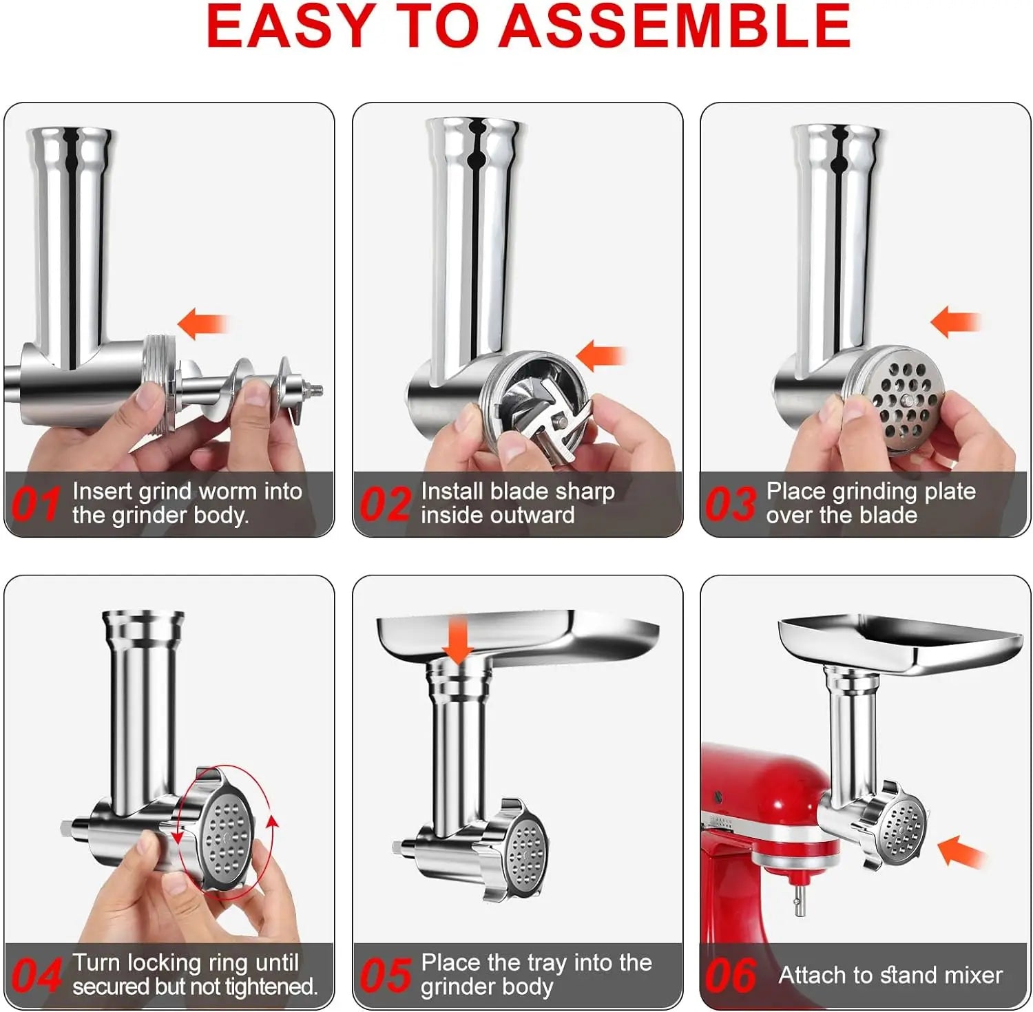 Instructions d'assemblage de l'Accessoire Hachoir Métal KitchenAid – Viande, Légumes, Fromage en six étapes claires