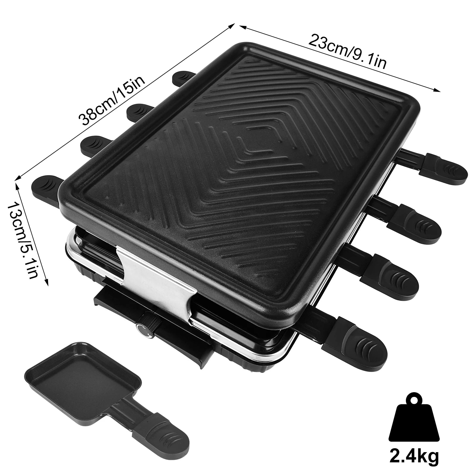 Raclette Grill Électrique 8 Personnes – Puissant & Facile. Appareil noir avec 8 poêlons antiadhésifs et plaque grill rectangulaire