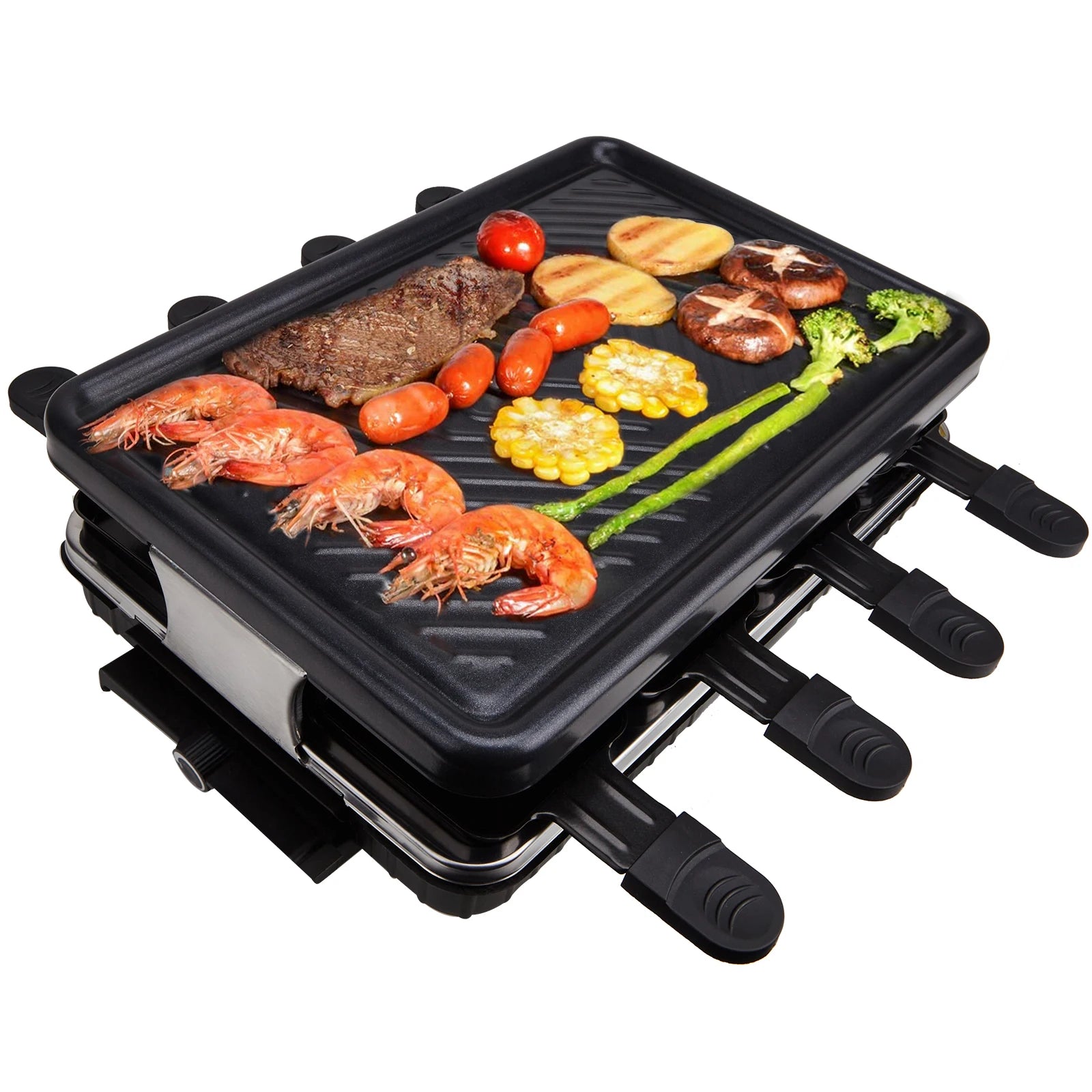 Raclette Grill Électrique 8 Personnes – Puissant & Facile. Grill rectangulaire avec crevettes steak légumes et 8 coupelles