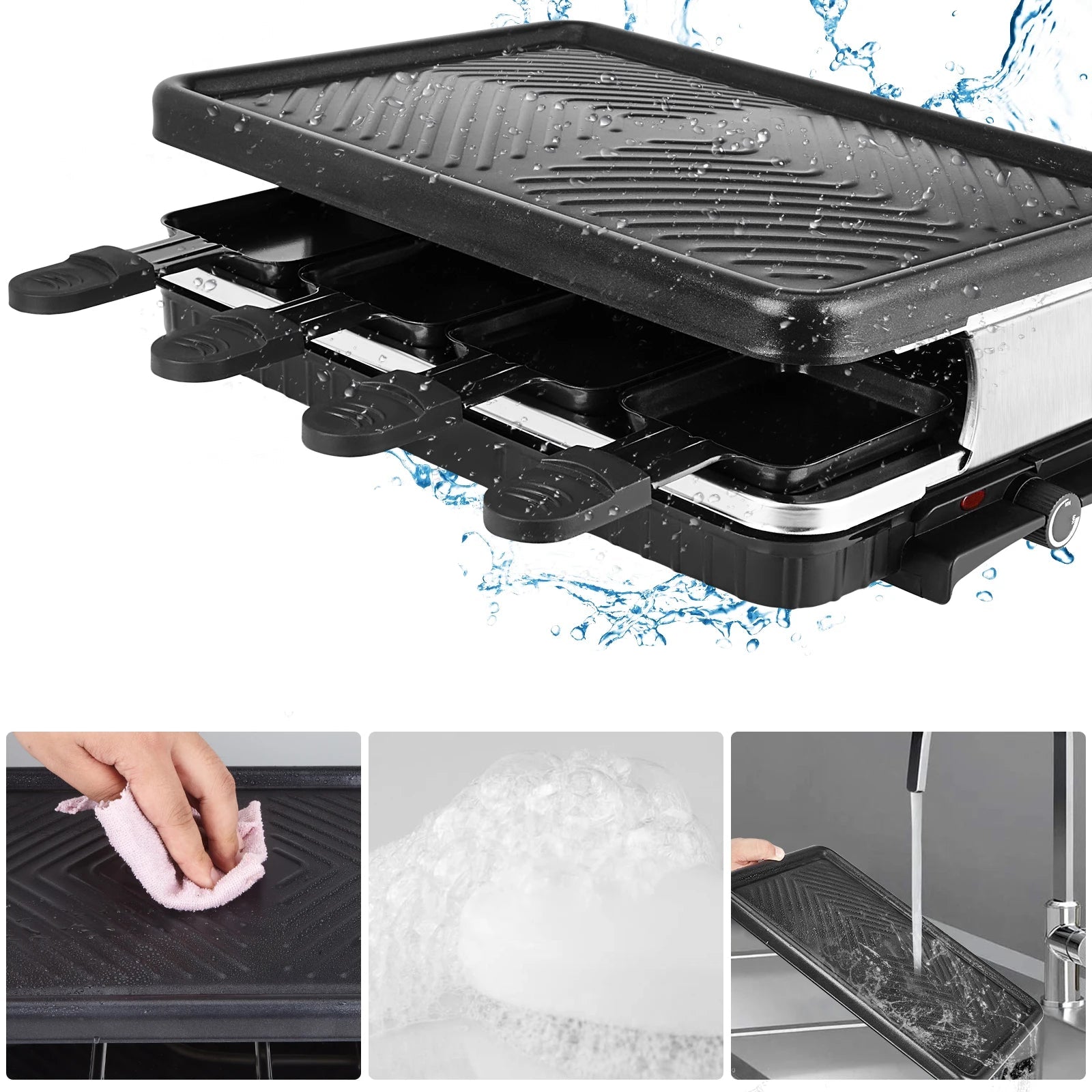 Raclette Grill Électrique 8 Personnes – Puissant & Facile. Plaque antiadhésive amovible, 8 poêlons, nettoyage facile