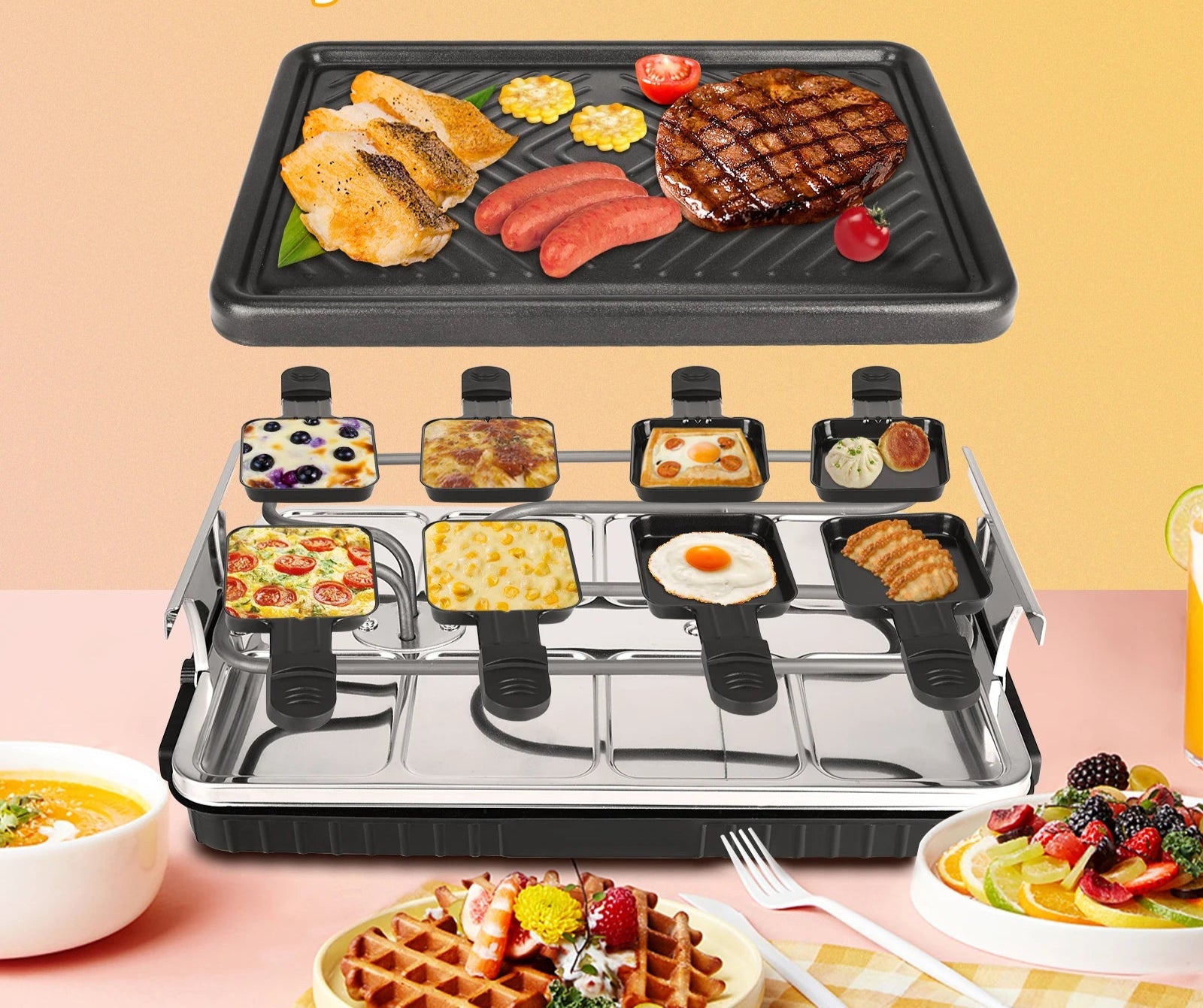 Raclette Grill Électrique 8 Personnes – Puissant & Facile. Appareil inox avec 8 poêlons et plaque gril pour viandes et légumes