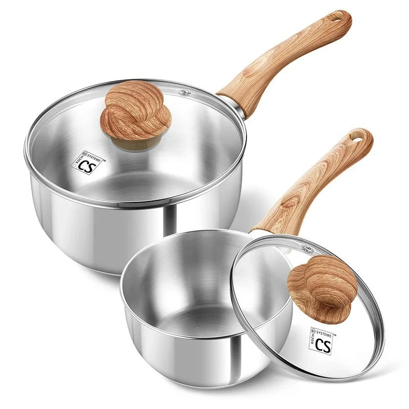 Casserole inox antiadhésive avec poignée bakélite et couvercle en verre, idéale pour la cuisine quotidienne